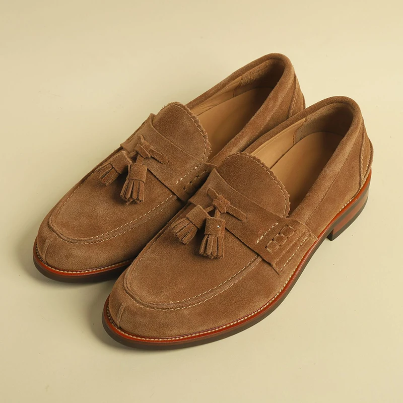 Mens Fringe Loafers Business Formal Shoes Genuine Leather Tassels Round Toe Low Heel Slip on Cozy Breathable Casual Daily Shoes