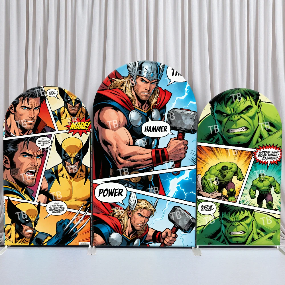 

Фон с аркой супергероя Marvel, Росомаха, Тор, Халк, в стиле комиксов, тема супергероя, вечеринка, декор для фотобудки на день рождения для детей