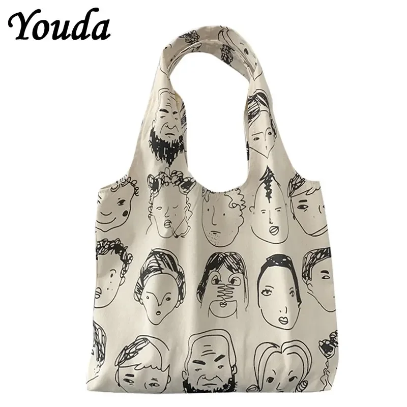 Youda Women Shoulder Tote Bag Canvas Vest Cartoon Print Handbags Large Capacity Soft Shopping Bags Girls Personality Schoolbag