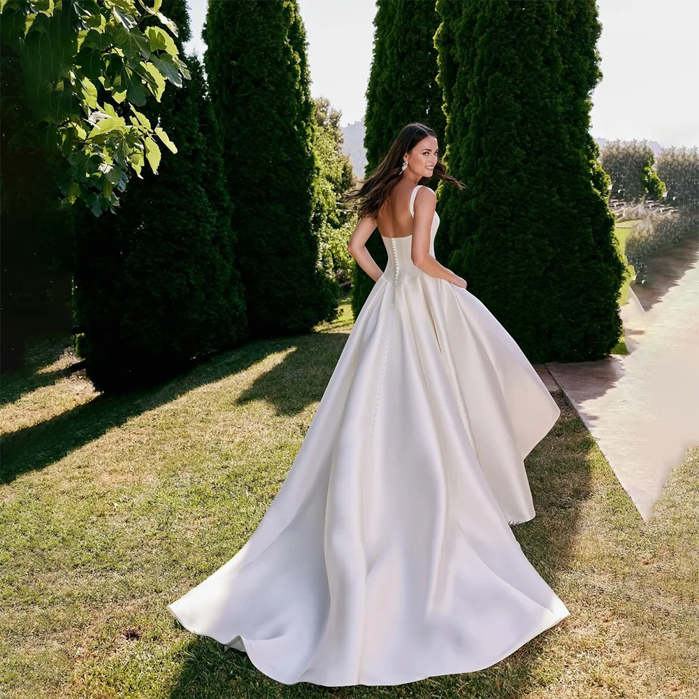 Elegant Satin Wedding Dress Customized Square Neck Bodice Buttons Back A-Line Floor Length Long Train Bridal Gown Customized