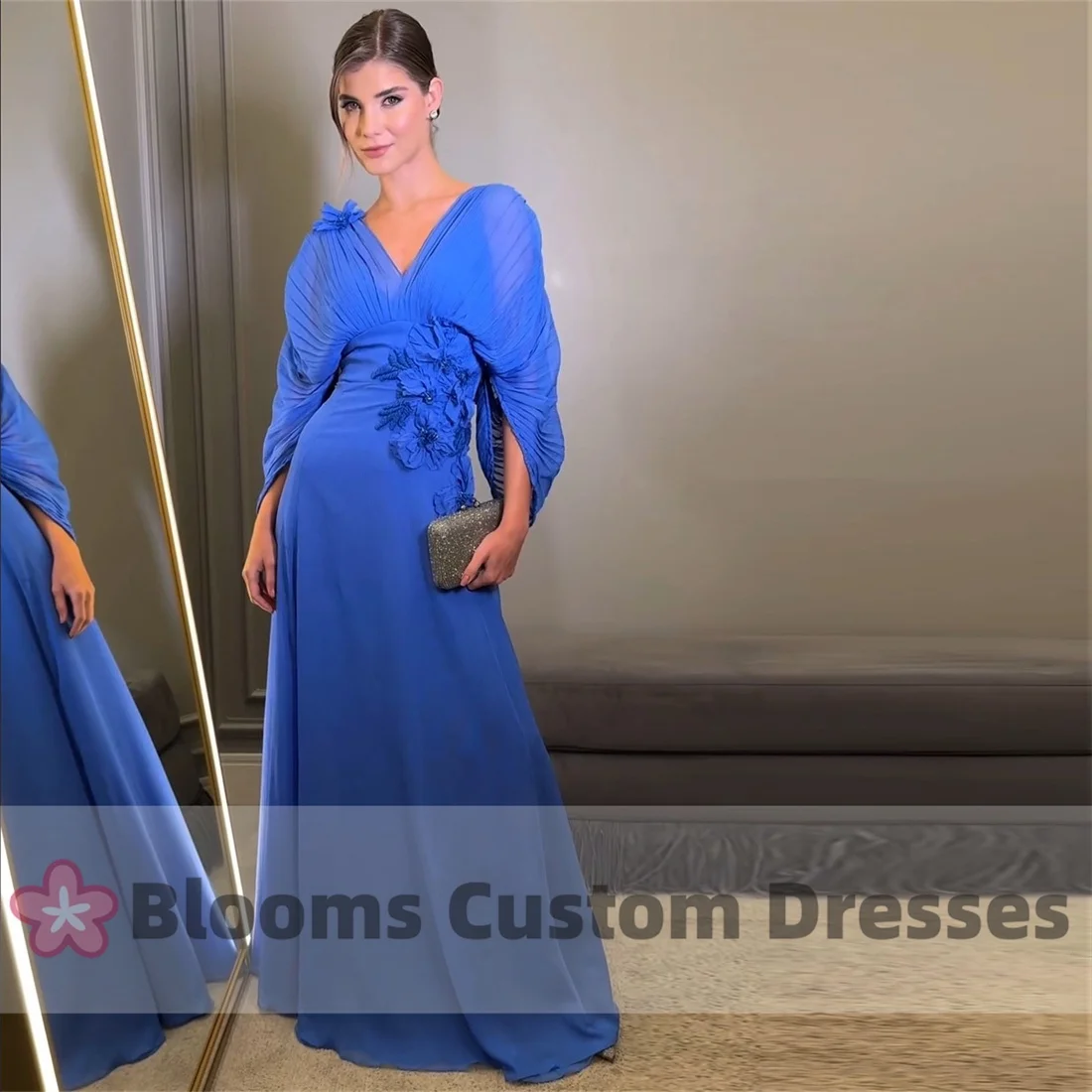 

Blue Chiffon Formal Occasion Elegant V-neck Prom Dresses Wedding Guest Evening Dress Customized Flowers Formal Party Gown
