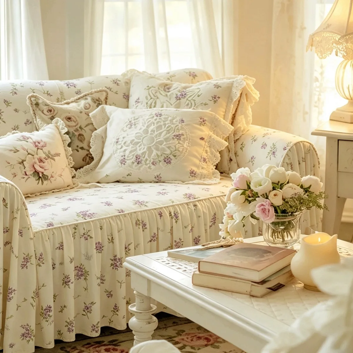 Light Dream-French Korean Cream All Seasons Universal Cotton Sofa Towel Cover Sofa Cover Warm Yellow Purple Flower