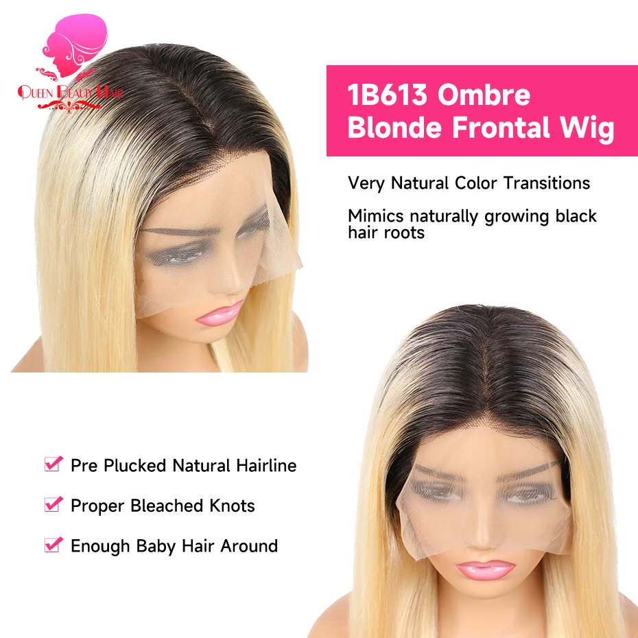 13x6 Full Lace Frontal Perücke aus Echthaar, 1B 613 Ombre Blonde Perücke mit dunklen Ansätzen, peruanische Body Wave Lace Front Echthaarperücken für Frauen – Detail 10