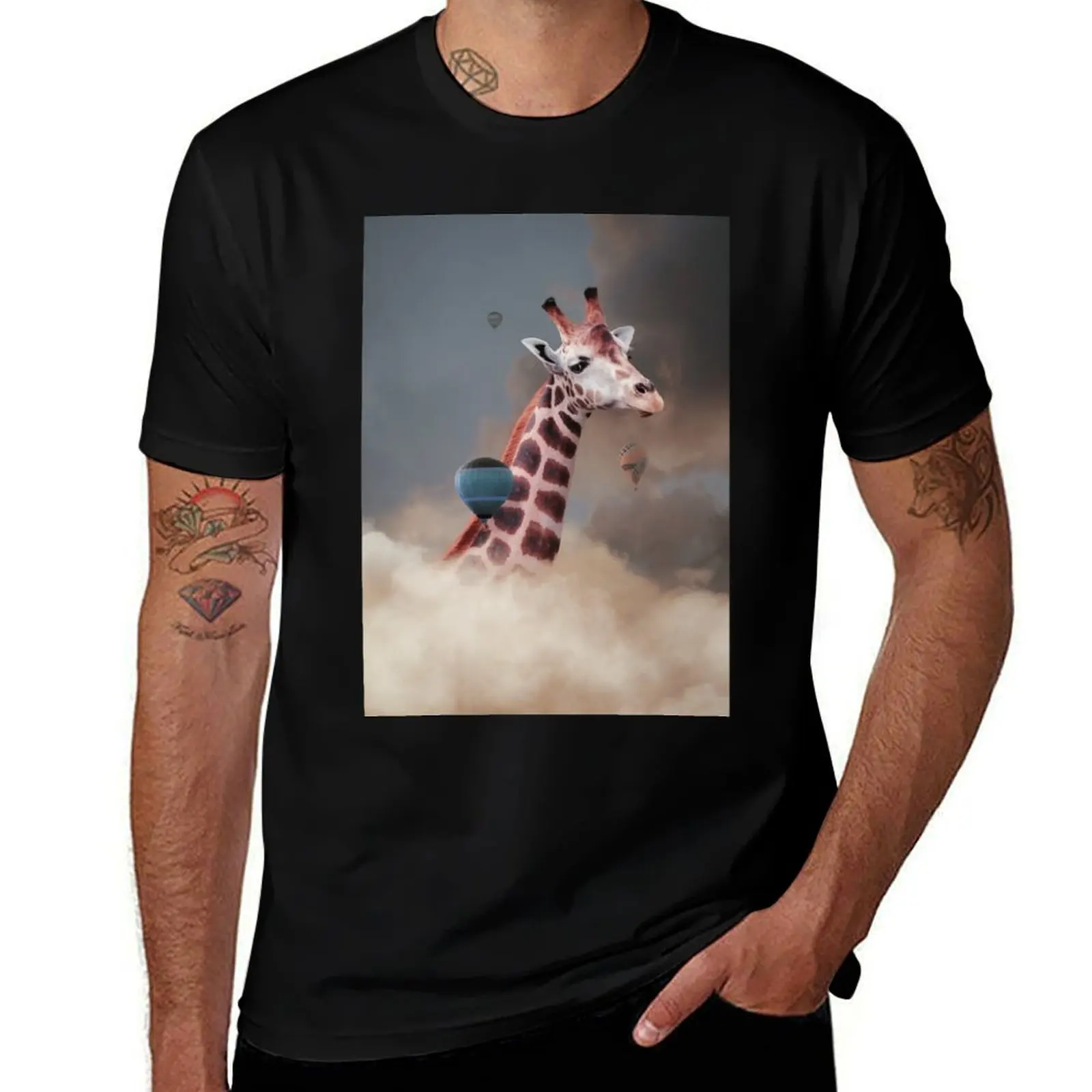 

Head Above the Clouds II' - Reticulated Giraffe and Hot Air Balloons T-Shirt Casual Fashion Short Sleeve Cotton T-Shirt