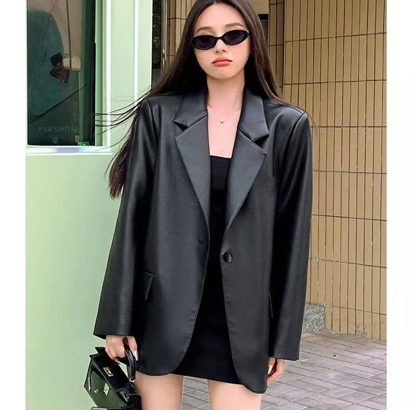 Women Black Soft PU Leather Blazer Shoulder Pads Long Sleeve Single Breasted Loose Casual Jacket Tops 2025 Korean Fashion Coat