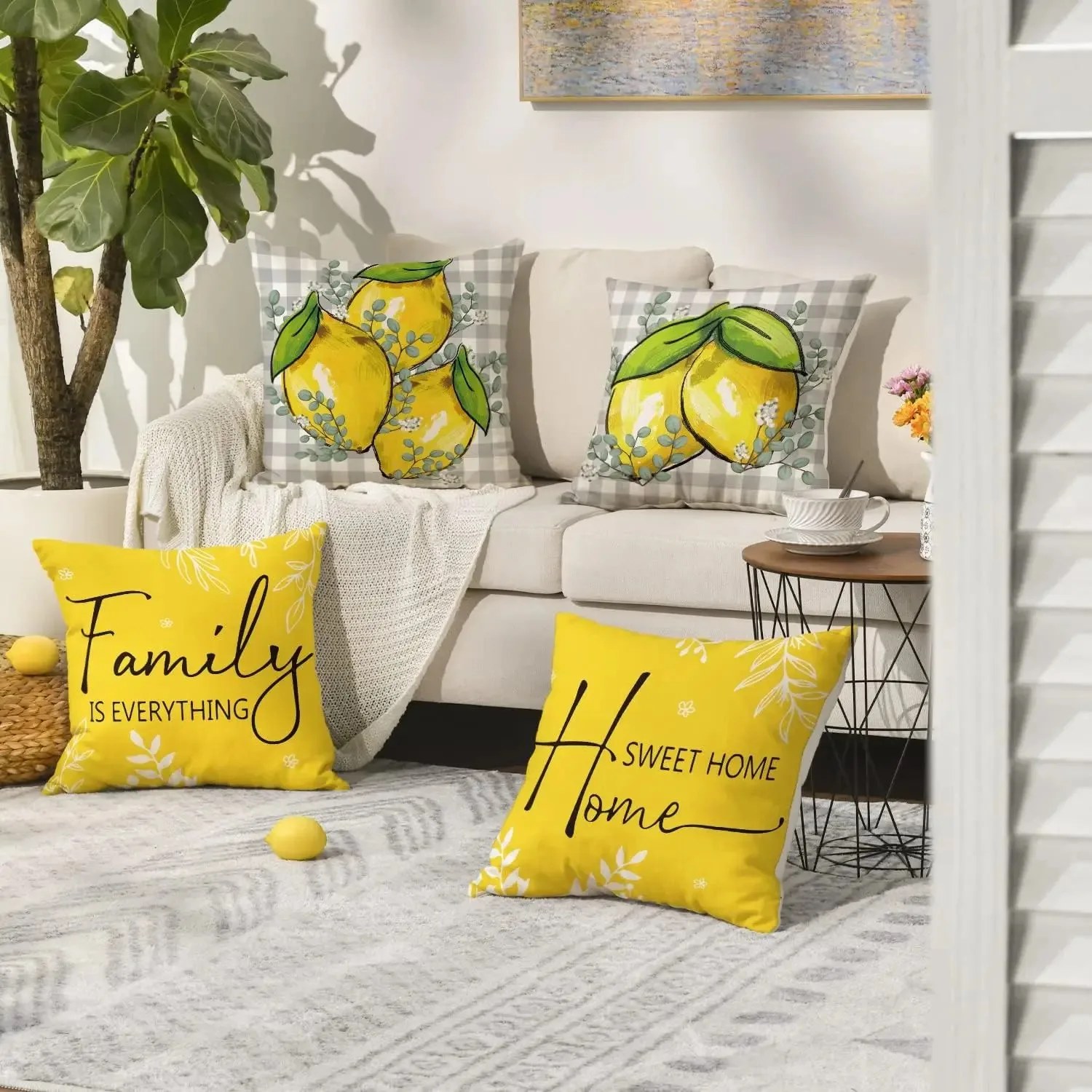 Summer Lemon Buffalo Plaid Throw Pillow Covers, Home Sweet Home Family is Everything Cushion Case for Sofa Couch Set of 4
