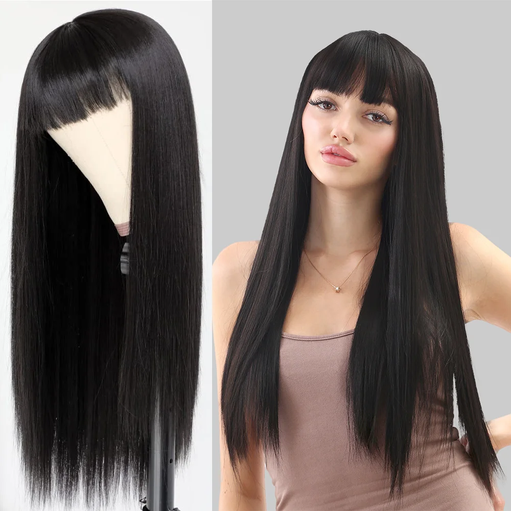 Peruca Sintética de Alta Qualidade de 26 Polegadas com Franja, Adequada para Uso Diário, Festas e Apresentações, Resistente ao Calor, Estilo Lolita