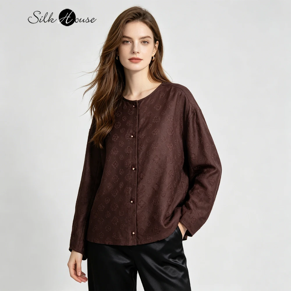 

Women's Fashion New Elegant 100%Natural Mulberry Silk Red Cloud Yarn Simple Versatile Breathable Round Neck Long Sleeve Cardigan