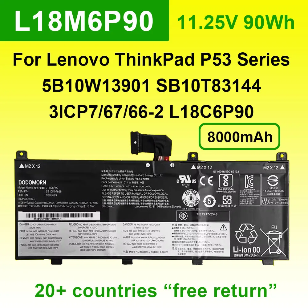 

Аккумулятор для ноутбука 11.25V 90Wh 8000mAh L18M6P90 для Lenovo ThinkPad P53 Series 5B10W13901 SB10T83144 3ICP7/67/66-2 L18C6P90 Li-Ion