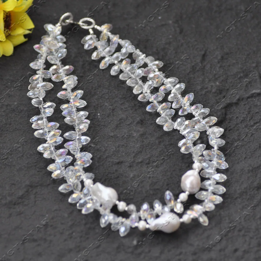 

Z13932 2Row 19mm White Baroque Keshi Reborn Pearl Clean Drop Faceted Crystal Necklace Custom Jewelry