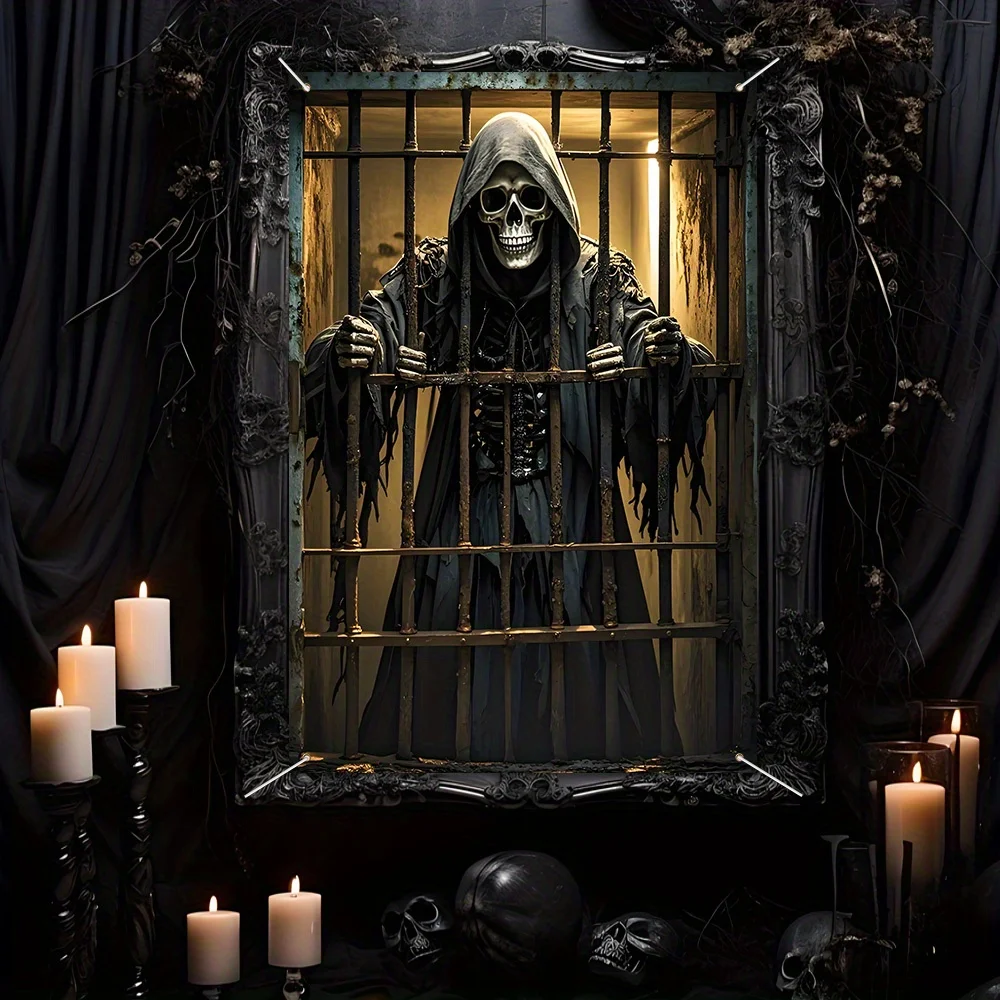 Ein 2D-Nähpaar-Banner, Halloween-Fensterdekoration, Totenkopf und Fensterbanner mit Todesgott, Halloween-Party-Dekoration