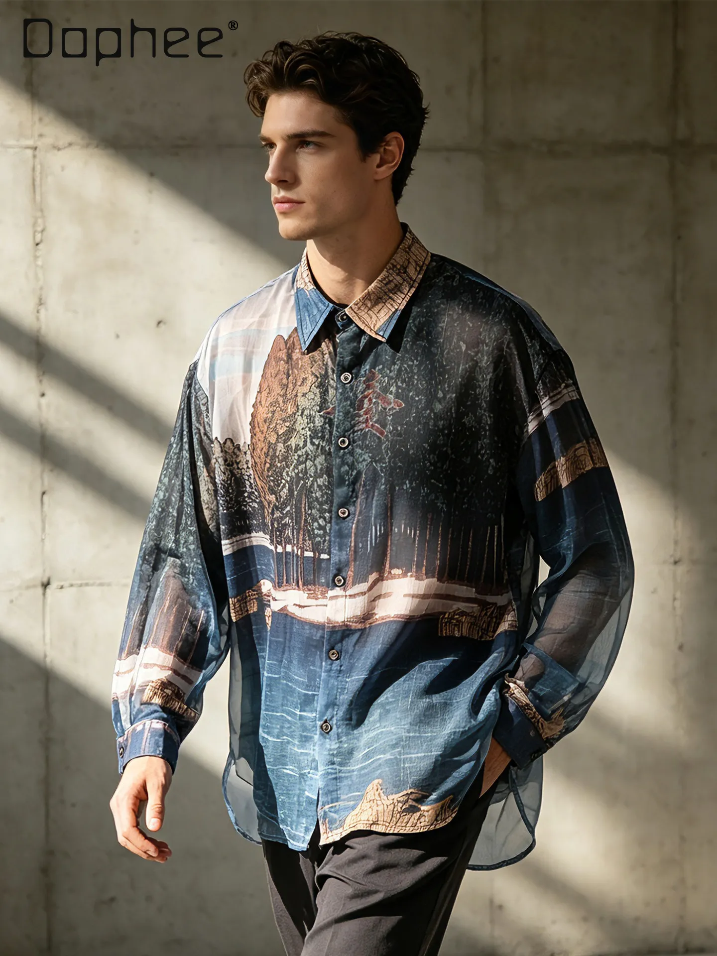 Summer New Men Japanese Ukiyo-e Lake Forest Landscape Print Long Sleeve Shirt Vintage Loose Breathable Casual Blue Blouse