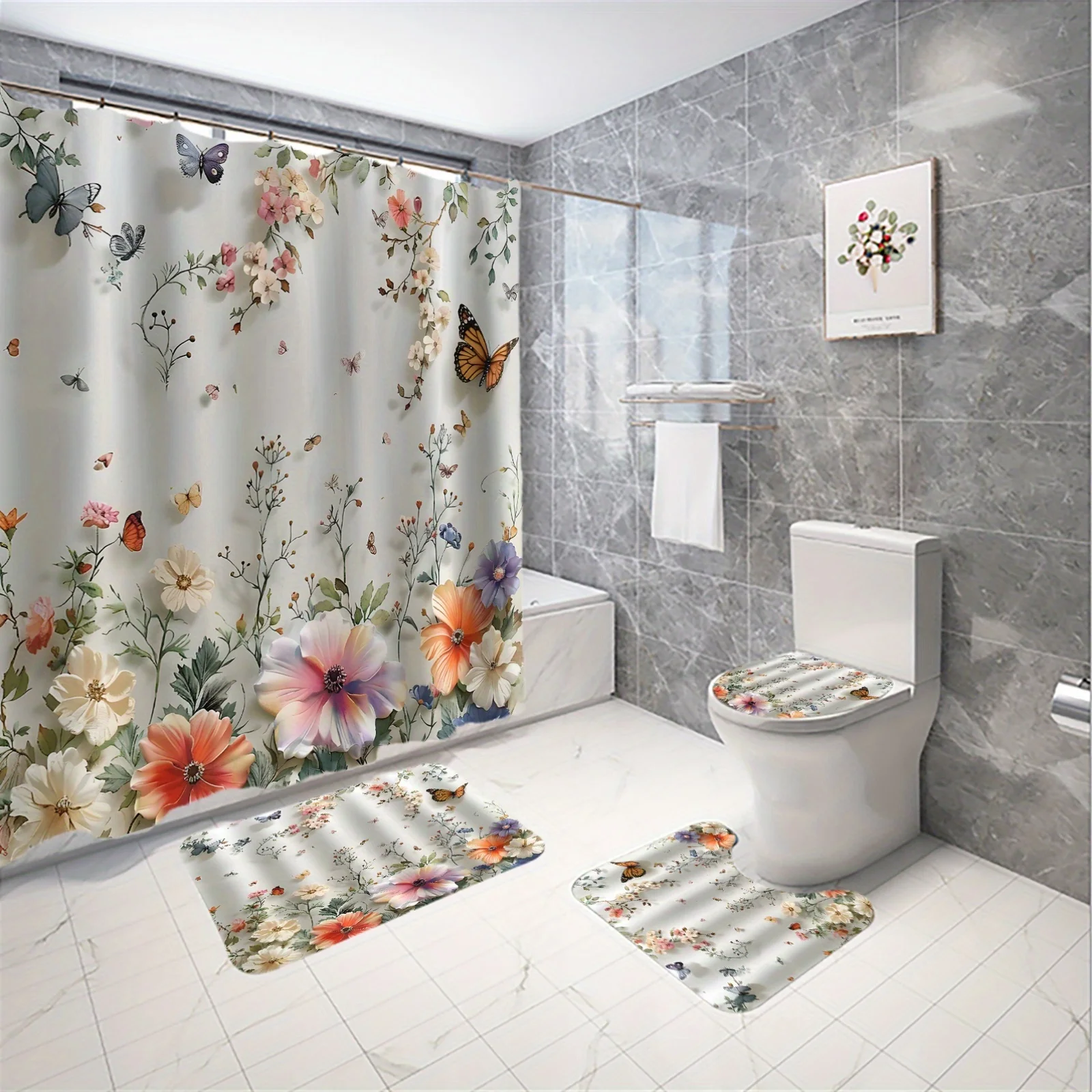 

Набор для ванной комнаты с цветочным садом: занавеска для душа, коврик, полотенце, чехол для унитаза — водонепроницаемый декор из 4 предметов для свежей и пригласительной ванны