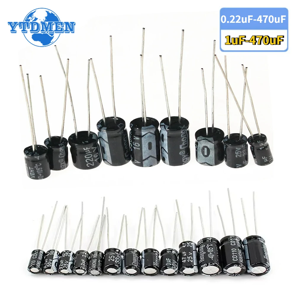 

Алюминиевый электролитический конденсатор, 120 шт., 1 мкФ-470 мкФ, 0,22 мкФ-470 мкФ, электролитический конденсатор 16 В-50 В, комплект электролитных конденсаторов DIP