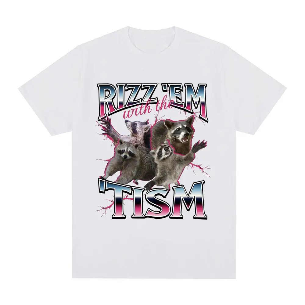Short Sleeved Round Neck Y2k Rizz Em with Tism Autism Raccoon Tee Shirt Homme Graphic T-Shirts Men Tshirt for Men Ropa Hombre