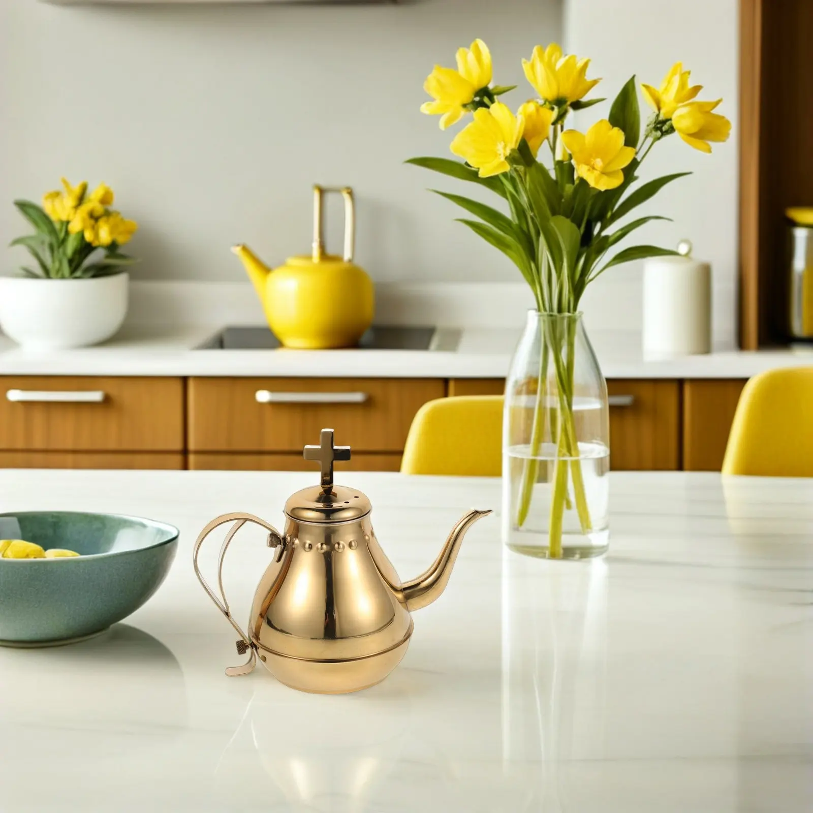 Golden Stainless Steel Communion Pot Cross Embellished Gooseneck Stovetop Kettle for Church Supplies Holy Water Chalice Pot
