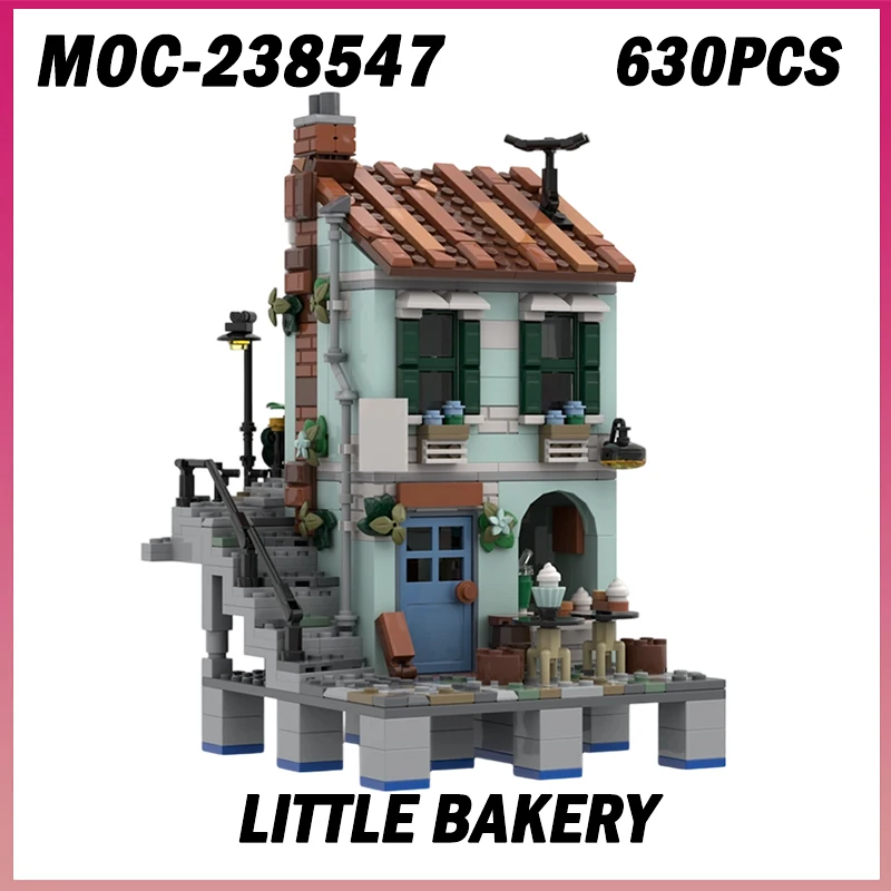 630PCS MOC-238547 작은 베이커리 거리 풍경 도시 건축 모델 블록 브릭 데스크탑 장식 창의적인 장난감 선물