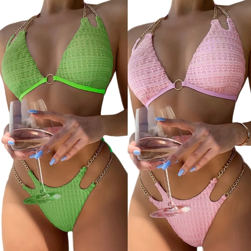 

2024 New Women Bikinis Set Lacing Solid Color Swimwear Thong Swimsuits Sexy Small Chest Gathered Bathing Suit Wrap Swimming Suit