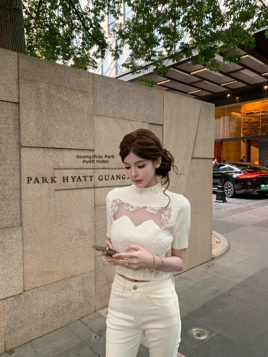 

Нежный стиль: Вязаный топ с коротким рукавом, кружевной вышивкой, из дышащей мягкой ткани, китайское производство, весенняя коллекция, женская мода