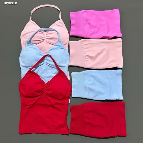 HISTELLO-Conjunto deportivo de 2 piezas para mujer, camisetas sin espalda, camisetas de Yoga, pantalones cortos sin costuras, conjunto deportivo de gimnasio, ropa deportiva, conjunto de entrenamiento