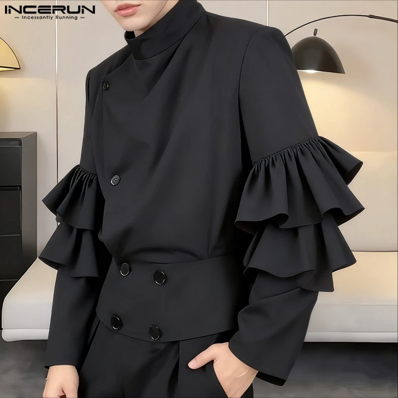 INCERUN Kemeja Pria Kerah Berdiri Polos Ruffle Pakaian Pria Kancing Lengan Panjang Kemeja Pria Kasual Fashion Jalanan Longgar S-5XL