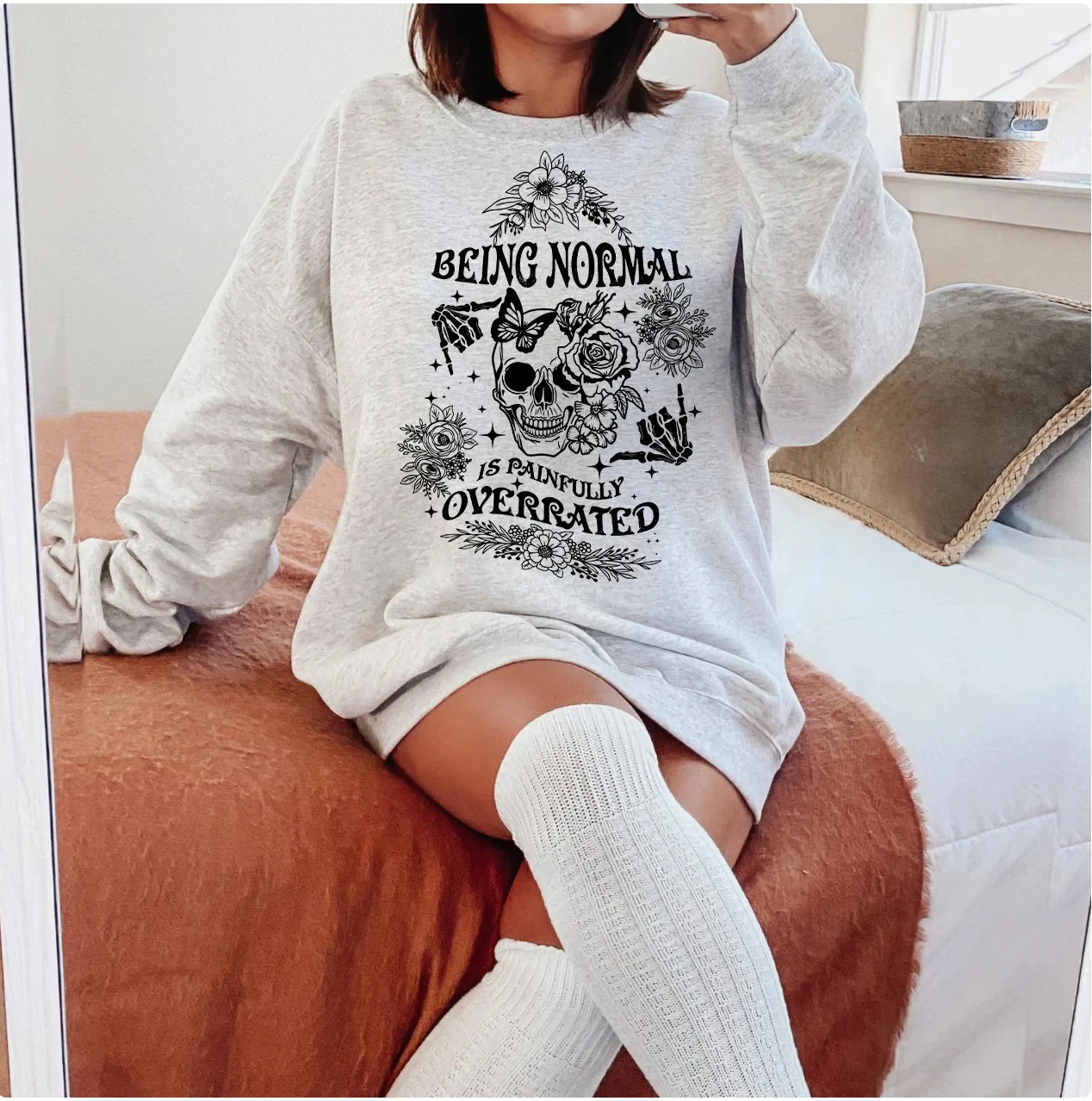 

New Vintage Dark Skull Rose Fresh Flower Print Casual Female Shirt Being Normal Is Painfully Overrated Slogan Women Sweatshirt