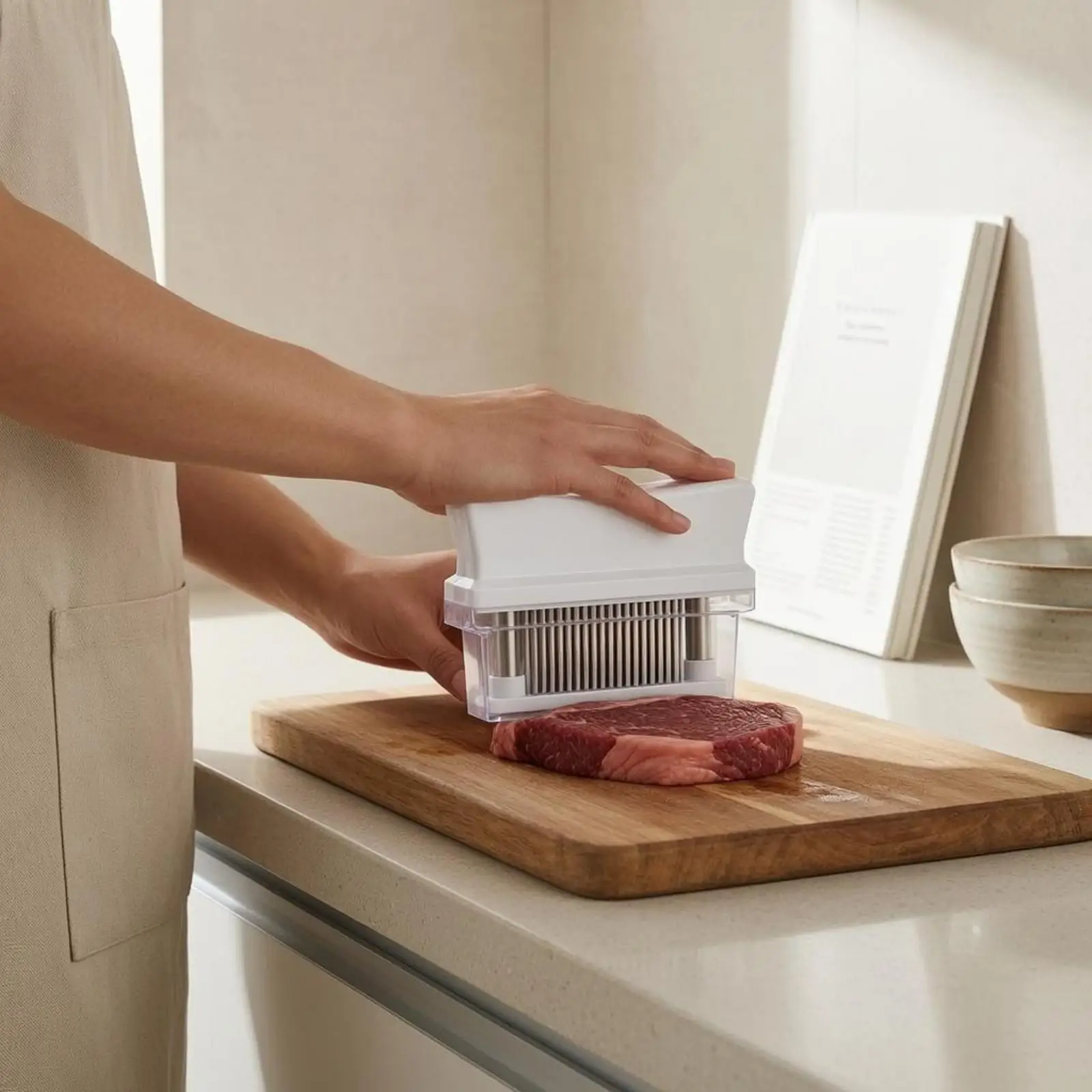Meat tenderizer with spit, transparent chamber, meat tenderizer