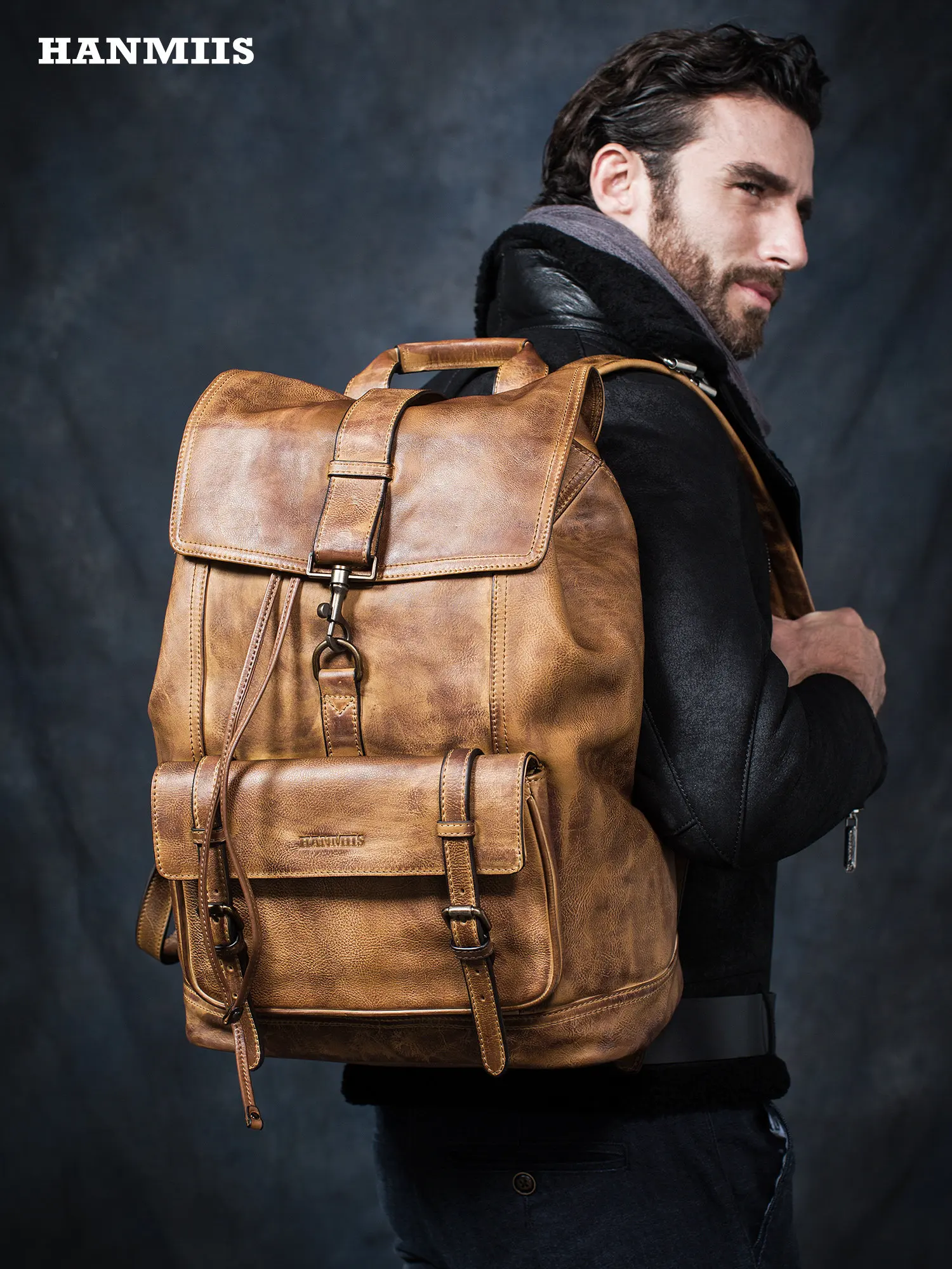 HANMIIS Genuine Leather Large-Capacity Backpack & Travel Bag – Premium Full-Grain Cowhide Business Laptop Rucksack & Weekender D