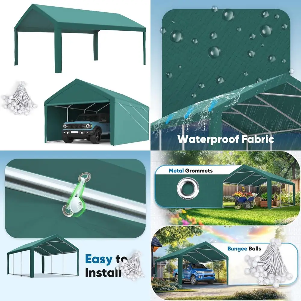 

Зеленый навес для карпогана 10x20 футов, сменная верхняя крышка, брезент с тканью для ног и шариковыми банджинами, только для уличного укрытия на крыше