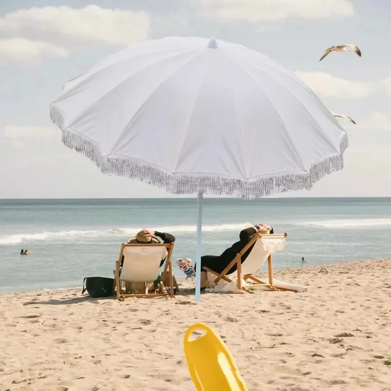 16K Outdoor Garden Umbrella White Woven Fringe Sunshade Steel Pipe Lace Parasol 2m Patio Beach Shade Cover for Summer