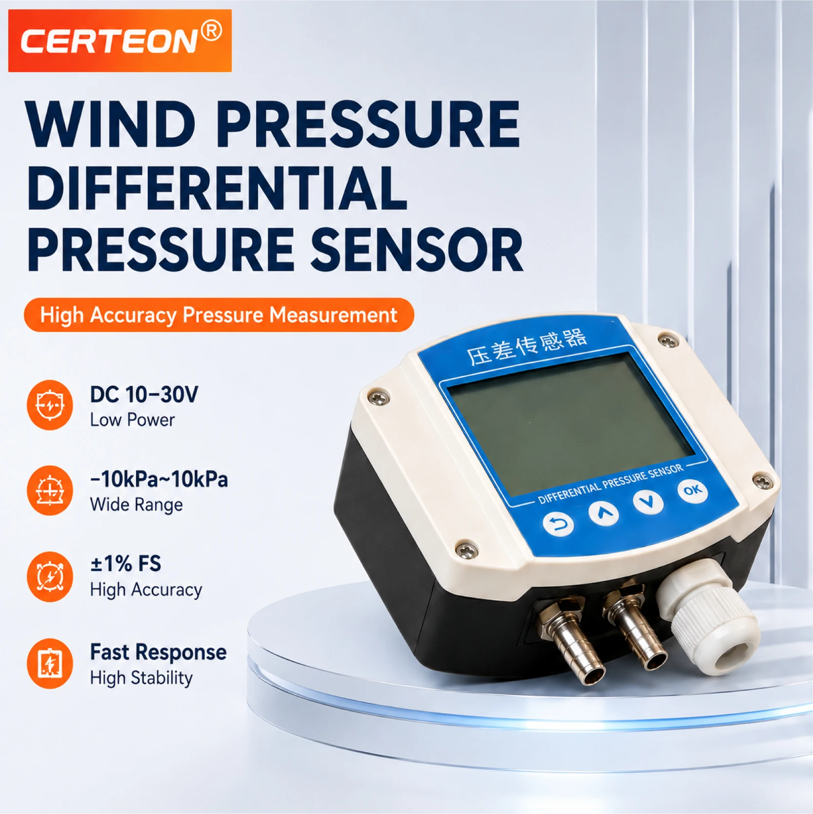 -500Pa-500Pa Rs485 Differential Pressure Sensor Transmitter Hvac Air Duct Static Negative Pressure Alarm 4-20ma 0-10v 0-10KPa