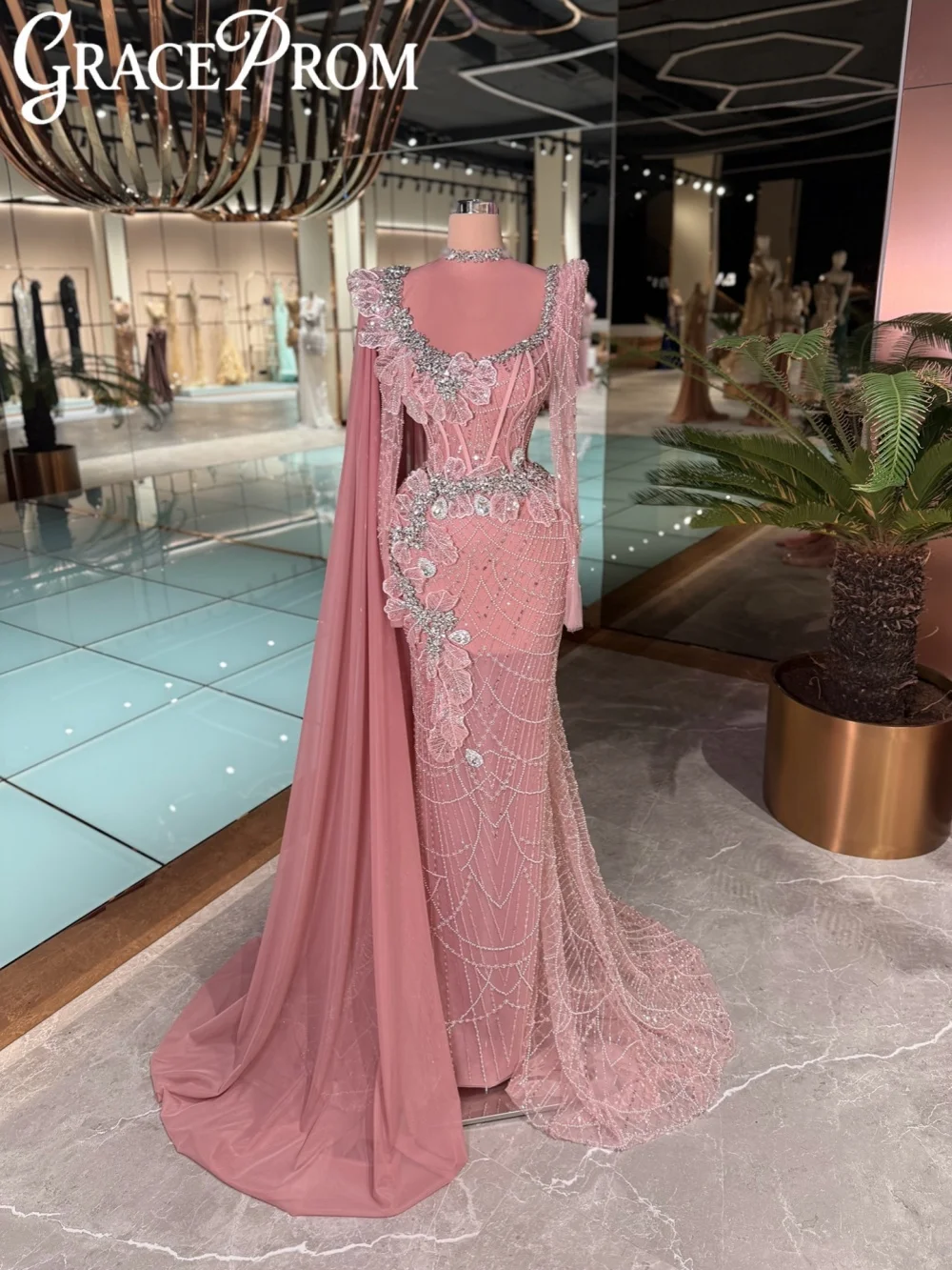 فستان سهرة مصنوع يدويًا من الكريستال ثلاثي الأبعاد على شكل أوراق شجر متألقة مطرز بحورية البحر طويل لحفلات الزفاف مخصص وردي أنيق للولائم #1