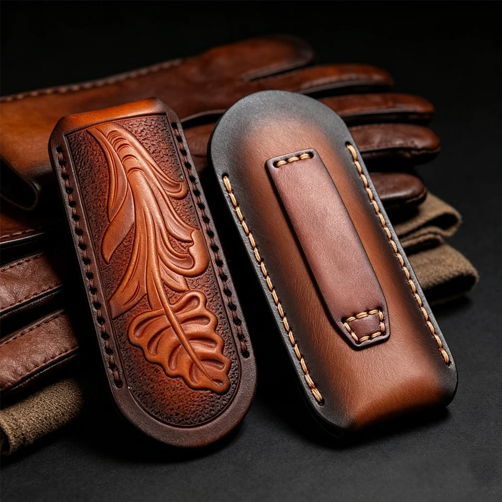 Top Grain Hand‑Carved Real Leather Knife Sheath Portable Protective Pouch for Small Folding Knives