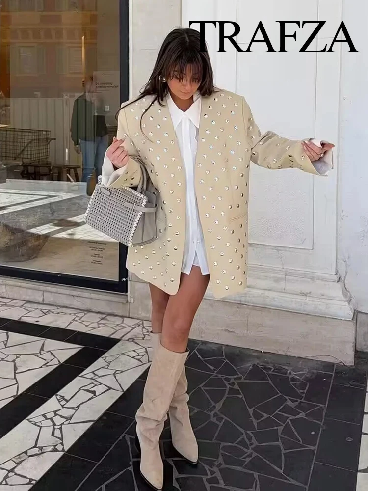 TRAFZA Giacca estiva da donna Nuova temperatura Rivetto Decorativo Cappotto casual da donna Scollo a V Giacca a maniche lunghe con paillettes senza bottoni