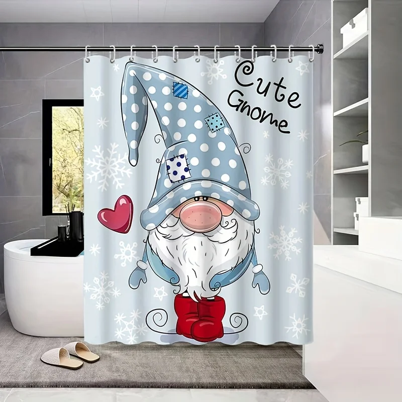 Cute Gnome Shower Curtain, Funny Christmas Santa Bathroom Decor, Winter Snowflake Waterproof Fabric Bath Curtain, Xmas Gift