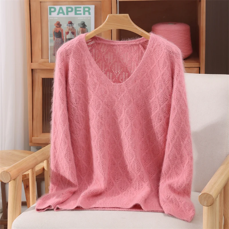 Chic V-Neck Gentle Hollow Out Pure Color Sweater Women's Pullovers Basic Soft Warm 100% Mink Cashmere Casual Loose Tops