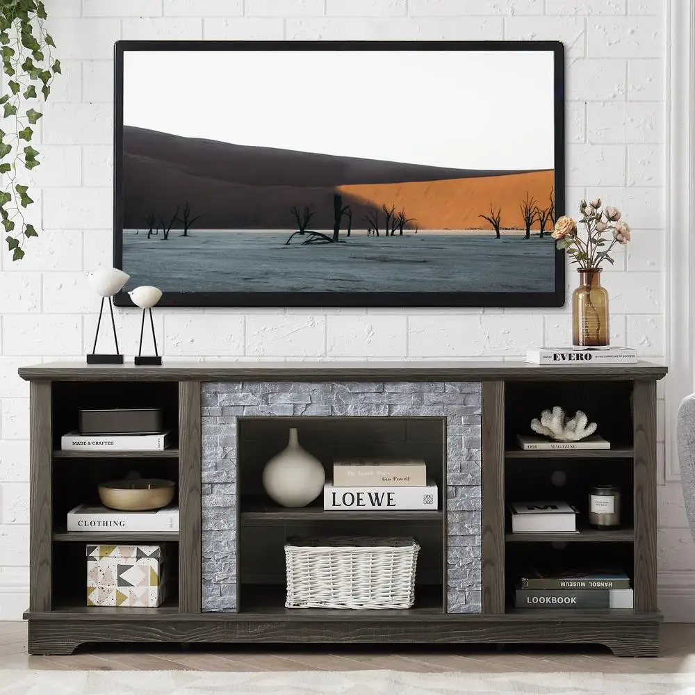

Grey Faux Stacked Stone TV Media Stand Console 58"W Modern Entertainment Center with Open Storage Up to 65" TV