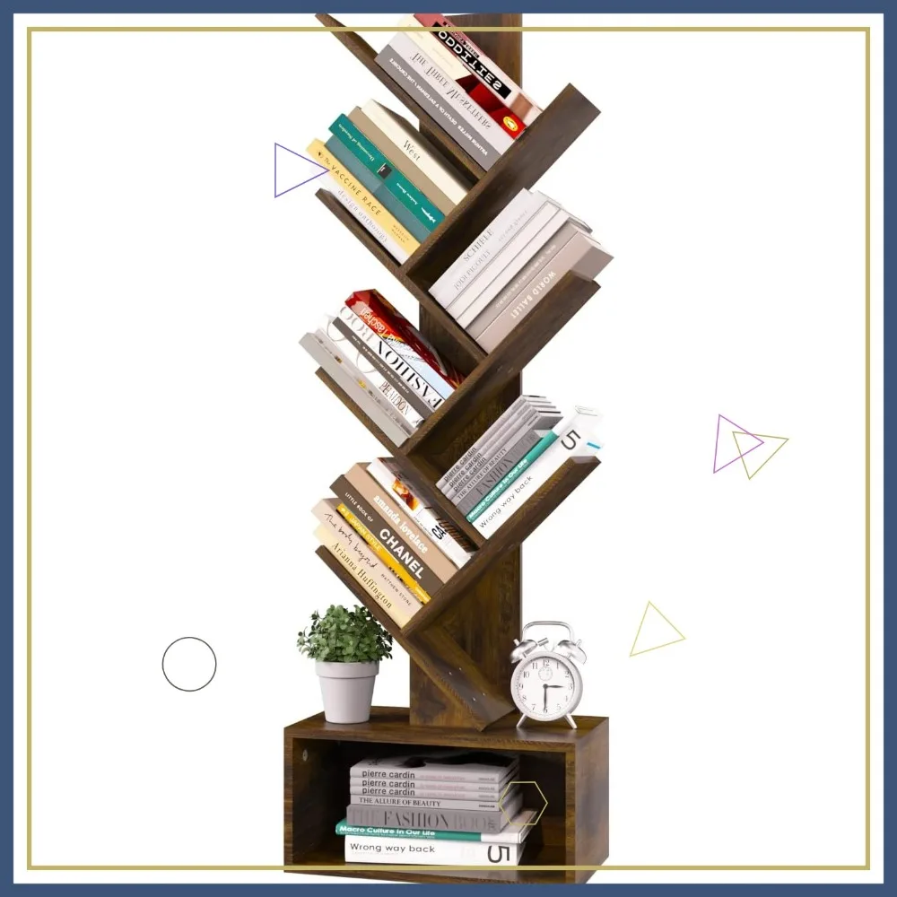 6段レトロフロア本棚、本/CD/映画用の背の高い木製収納ラック、リビングルーム/寝室/オフィス用の素朴なブラウンオーガナイザー