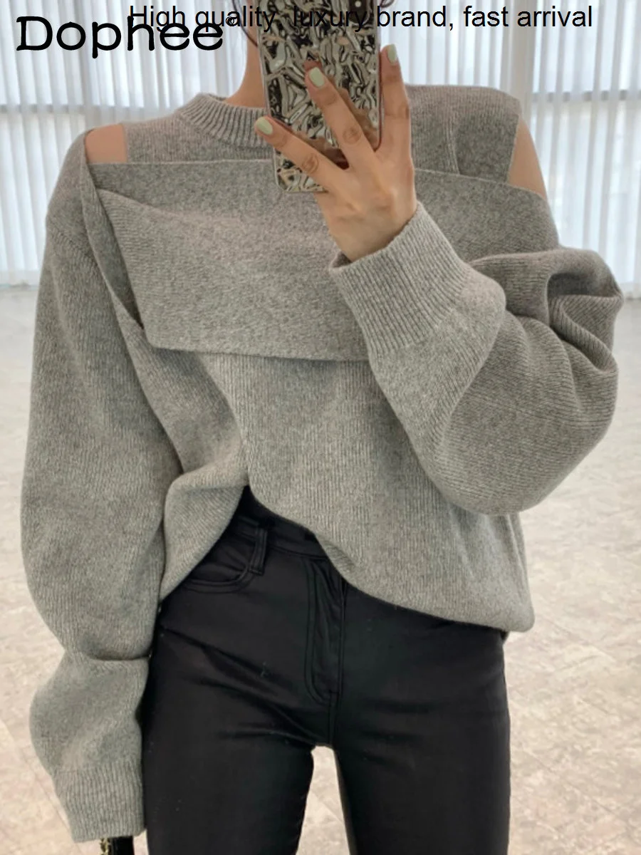 

Crew Korean Style Neck Layered Hollow Sexy Off-Shoulder Long Sleeve Loose Knitted Women 2023 New Fall Winter Sweater Top