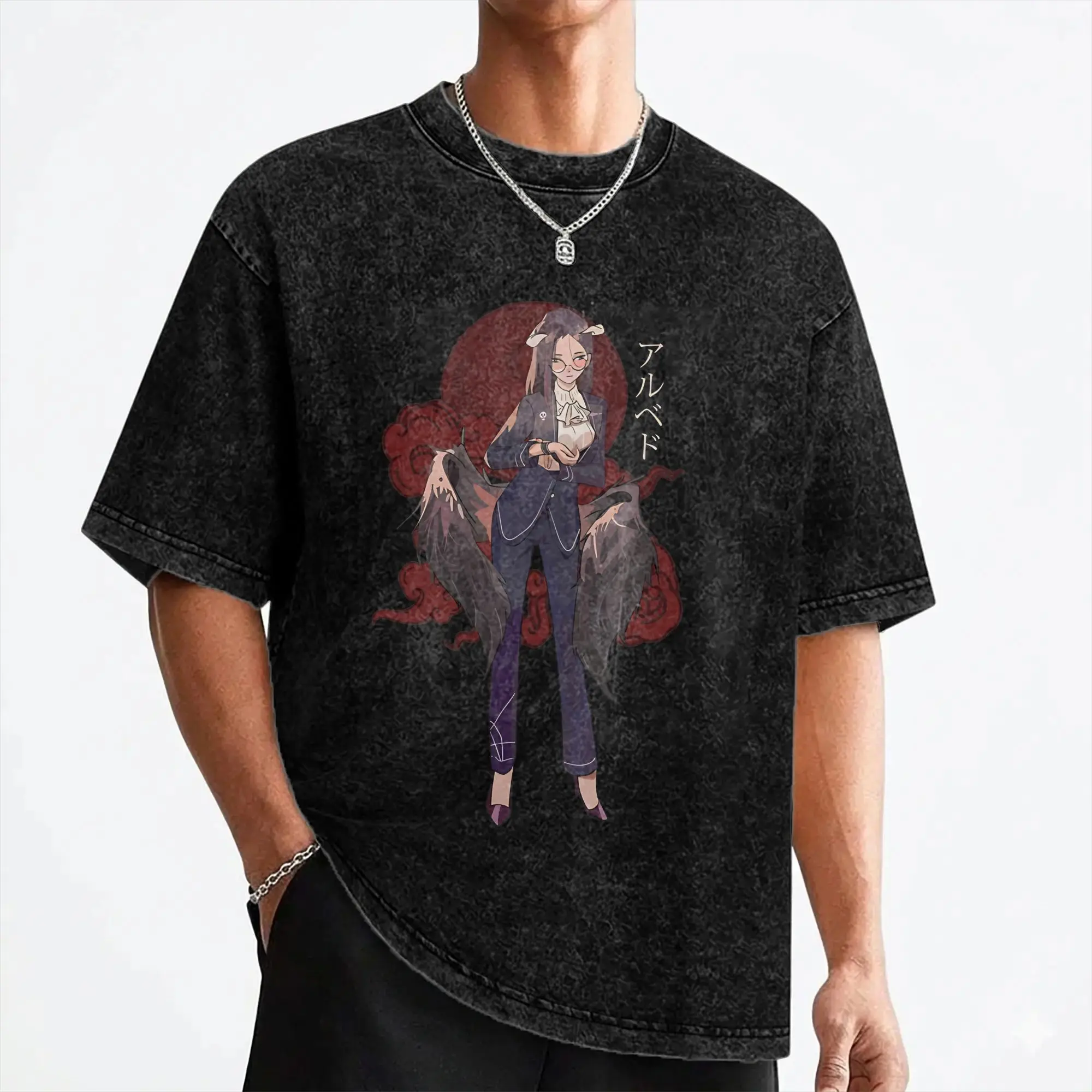 Albedo Japanese Anime T Shirts Washed Short Sleeve Oversize T-Shirt  Vintage Men Women Streetwear Graphic Printed Tops Tees