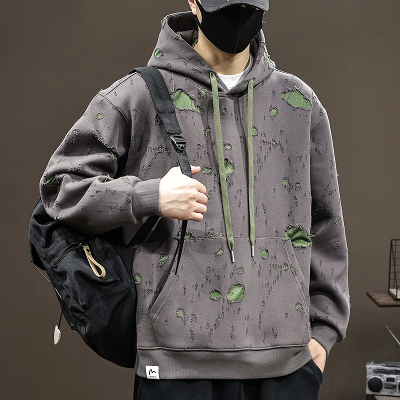 

Broken hole hoodie men's 2024 autumn and winter new high-end trendy fashion design loose oversized casual loose hooded shirt