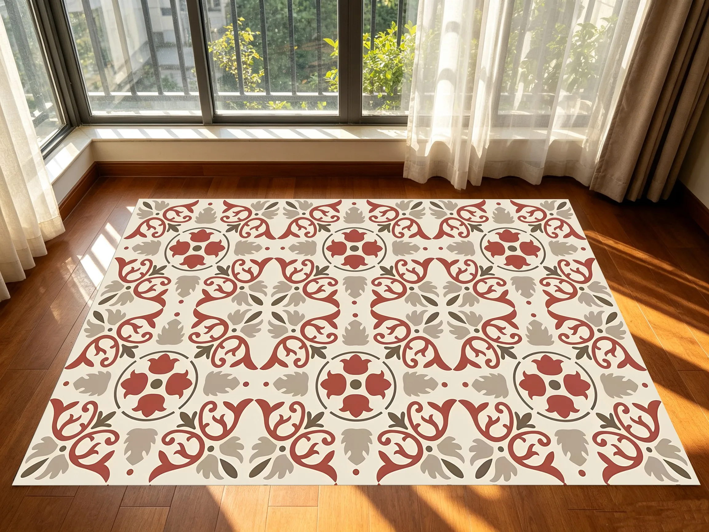 Vintage Symmetrical Scrollwork Tile Velvet Rug, Warm Retro Sophisticated Christmas & New Year Decor