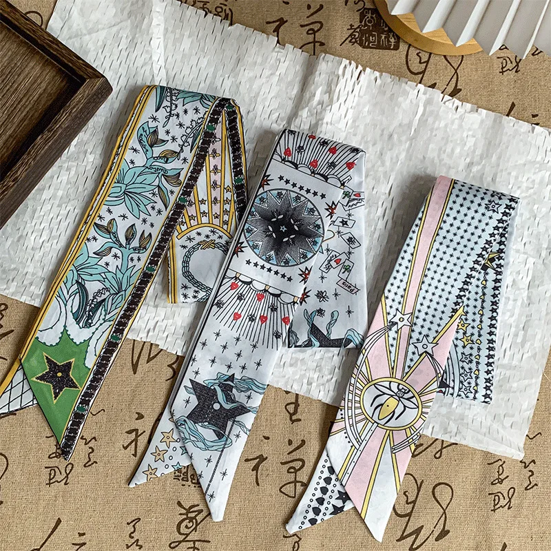 Tarot Series Double Sided Printed Twill Long Scarf for Purse Decoration Neckerchief Hair Ribbon Premium Slim Lightweight
