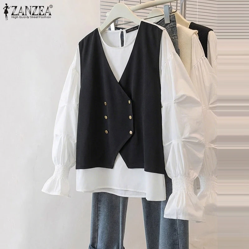 

ZANZEA Autumn Women Blouse Double Breasted Patchwork Shirts 2026 Spring Fashion Tops Long Lantern Sleeve Elegant Office Blusas