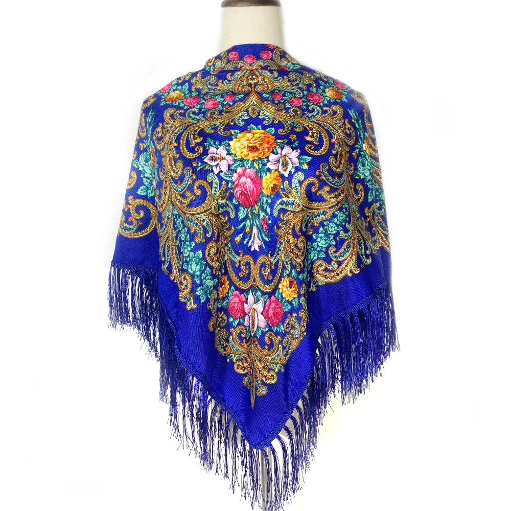 115*115cm Women Russian Scarf Luxury Floral Print Square Bandana Ukrainian Fringed Shawl Babushka Handkerchief Head Wraps