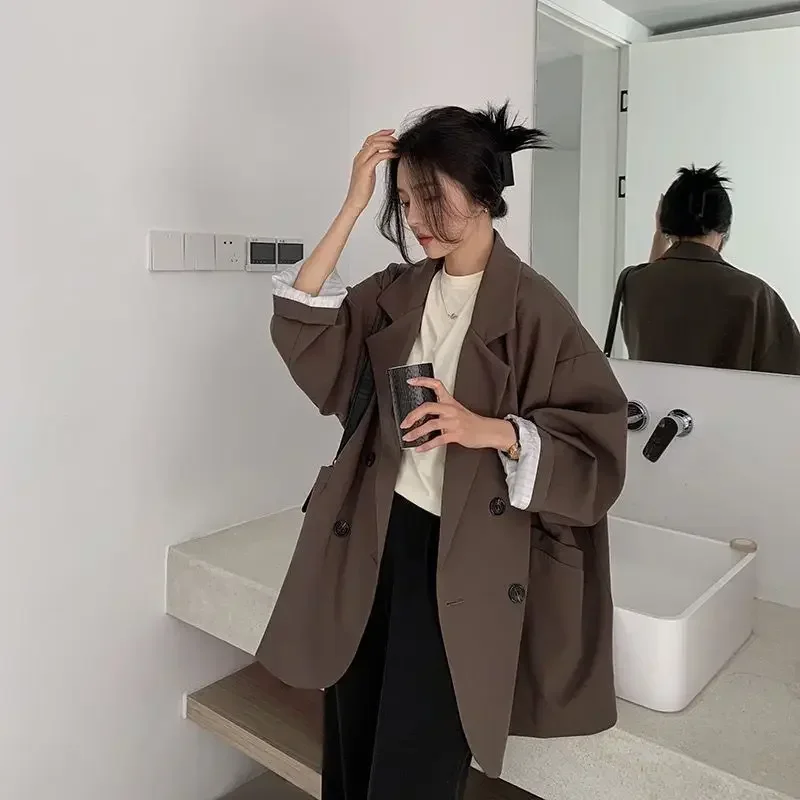 New 2025 Vintage Loose Women Solid Blazer Autumn Chic Double Breasted Female Long Sleeve Suit Jackets Stylish Ladies Blazer