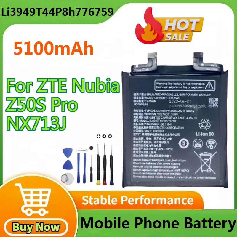 

New Li3949T44P8h776759 5100mAh Battery for ZTE Nubia Z50S Pro NX713J Mobile Phone 1ICP6/68/74 Mobile Phone Batteries+Free Tools