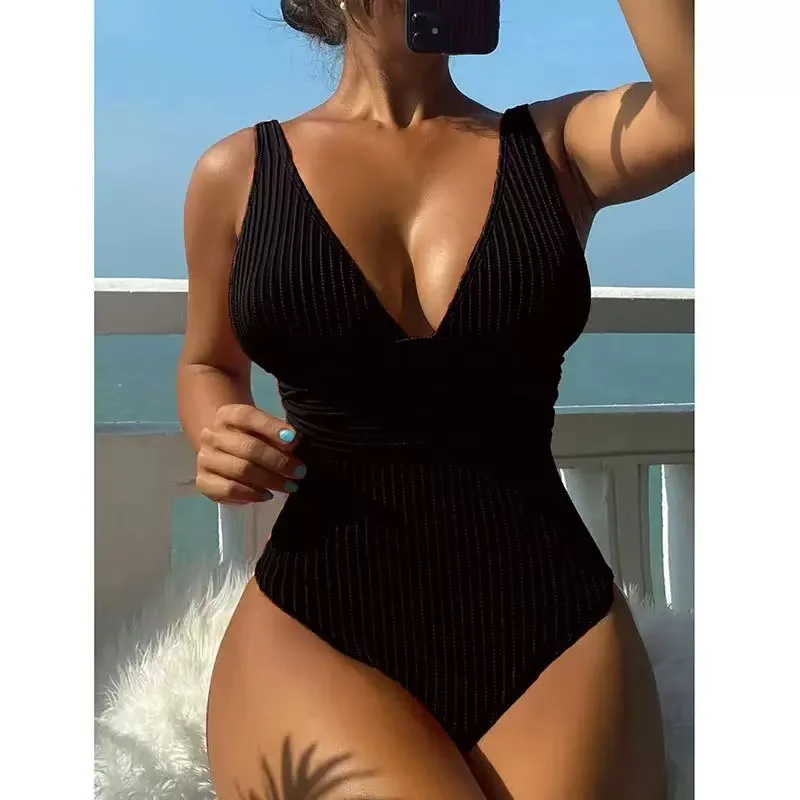 2026 Solid Color Ribbed One Piece Swimsuit Women Push Up Tummy Control Slimming Sexy Swimwear Beach Vacation Summer Bodysuit New