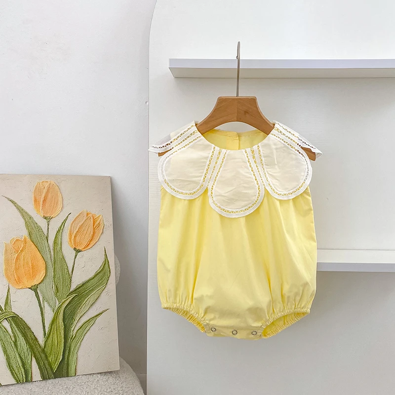 0-24M Baumwolle Sommer Baby Mädchen Kleidung Neugeborenes Baby Mädchen Strampler Ärmelloser Blütenblatt-Kragen Overall – Detail 20