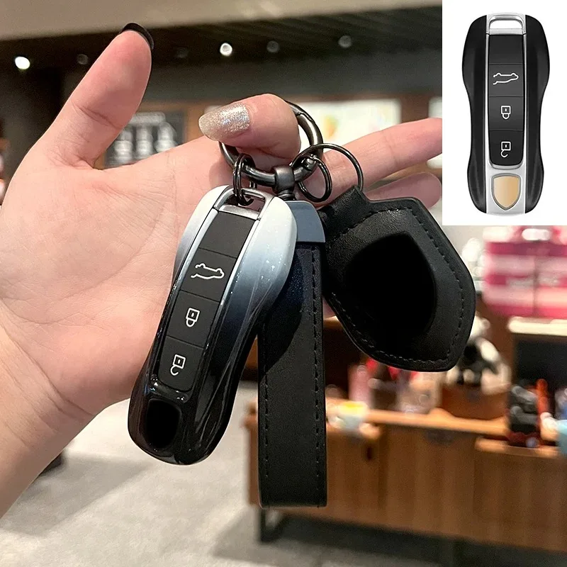 For Porsche Panamera Cayenne Macan 718 Cayman Boxster 911 Taycan 10-25 Car Pink Black Gradient Key Case Protective Shell Cover